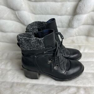 Bare traps black faux leather ankle boots side zipper black sweater back…